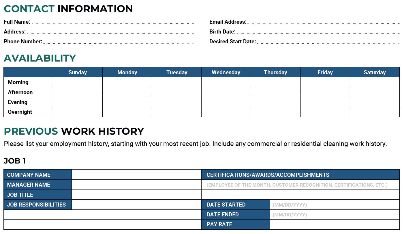 Cleaning Employment Application Template (+Free PDF Download) > Image 1